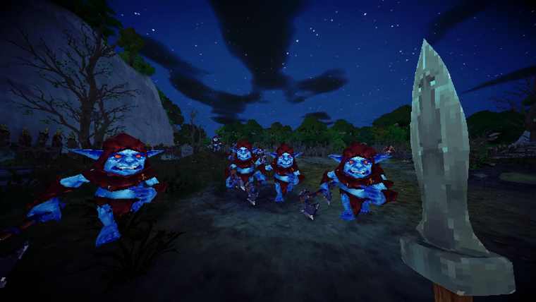 Three armoured goblin enemies charging across open ground at night